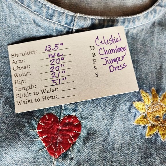 Vintage 1990s Celestial Heart Jumper Dress Chambray Applique Folk Art Grunge 8 - Picture 13 of 13